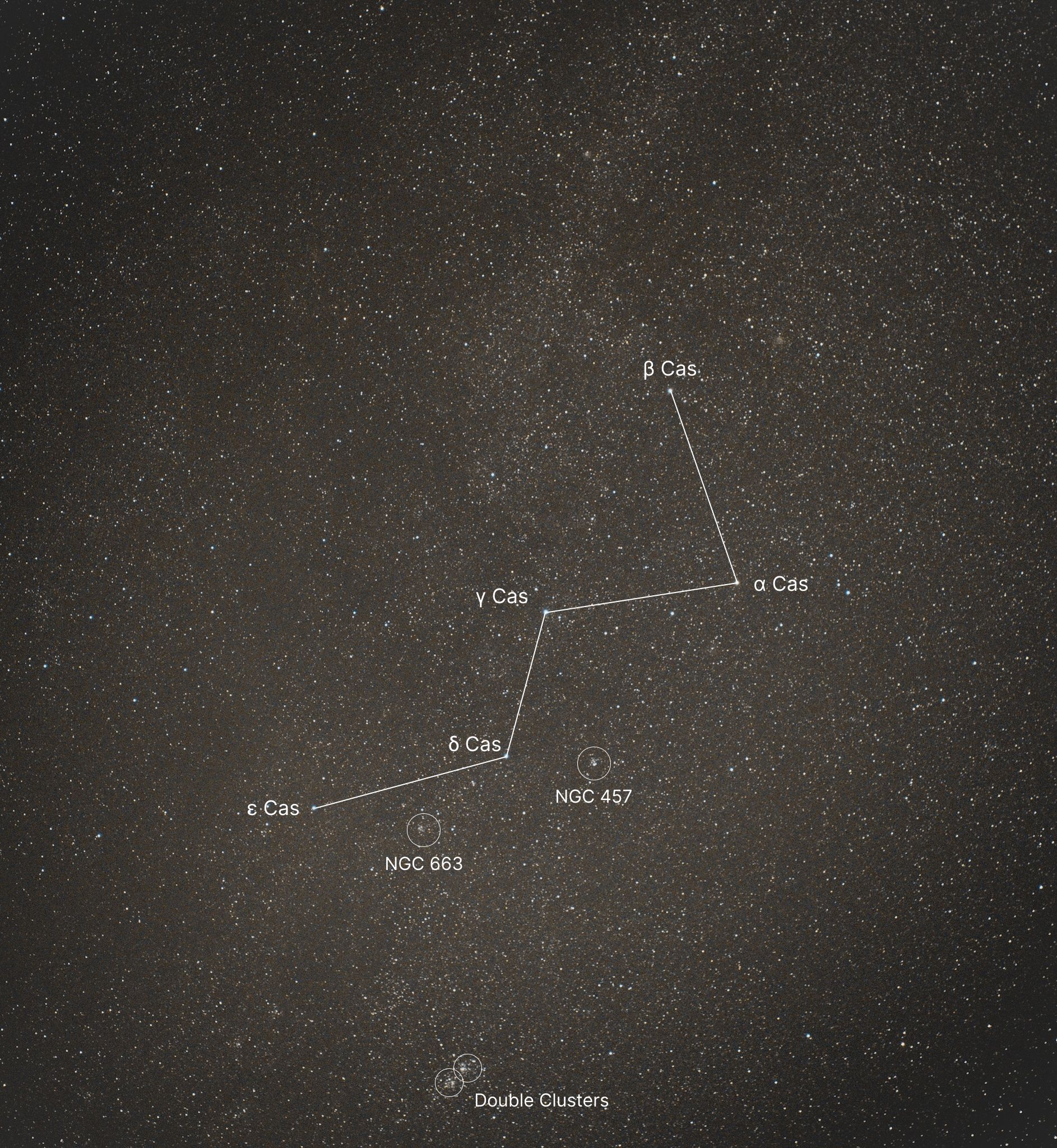 Cassiopeia & The Double Cluster — constellation labels