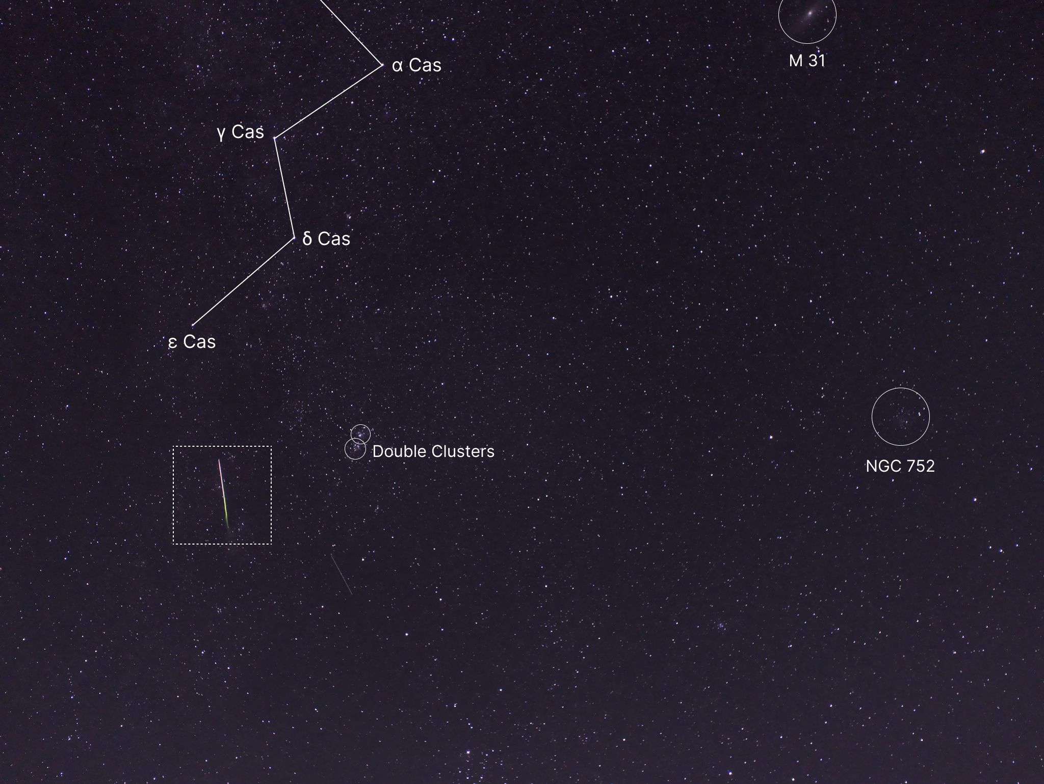 A Perseid over Cassiopeia — constellation labels