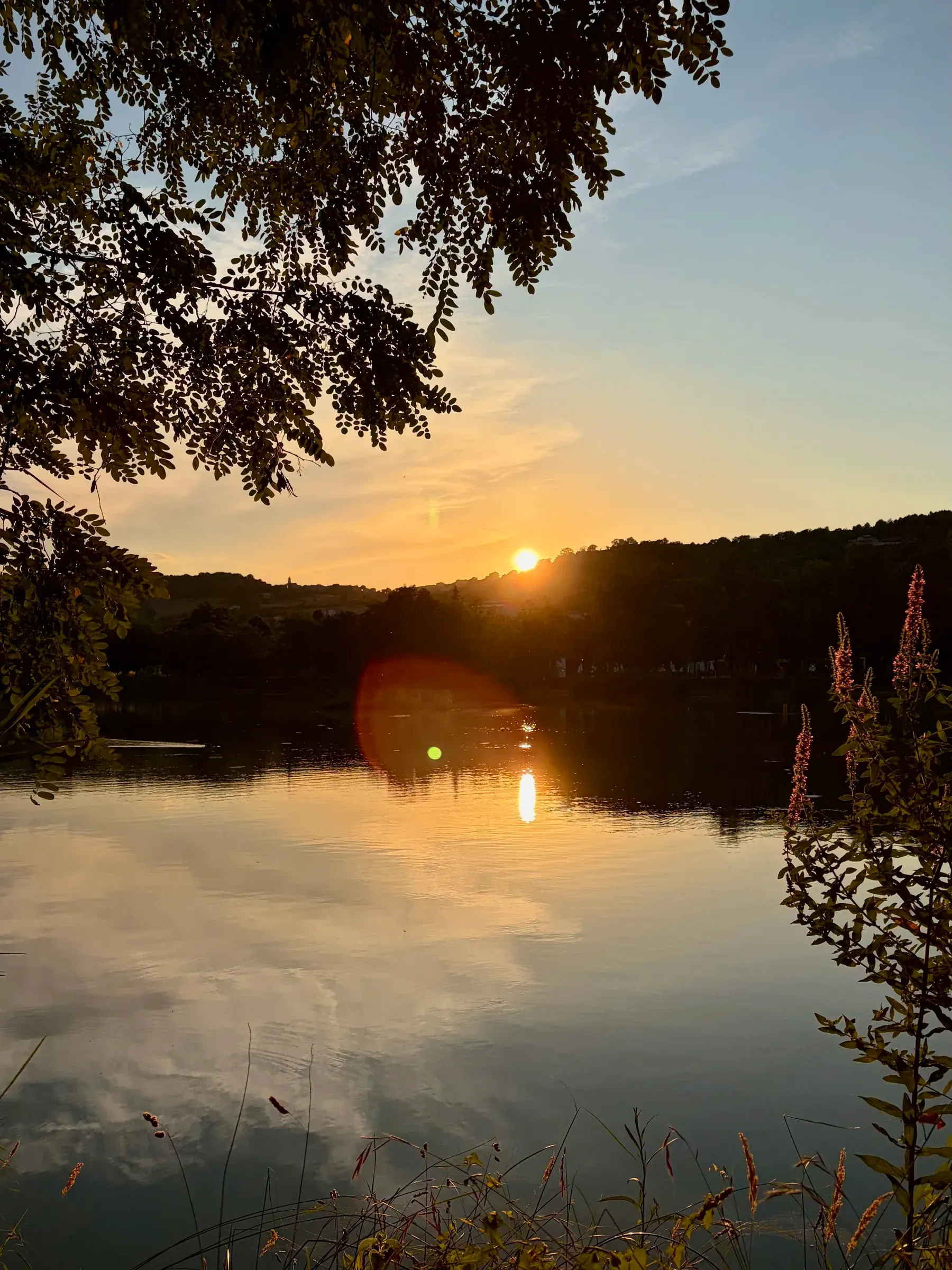 Sun setting behind hills and reflected in a calm lake at Marina di Altidona, framed by tree branches