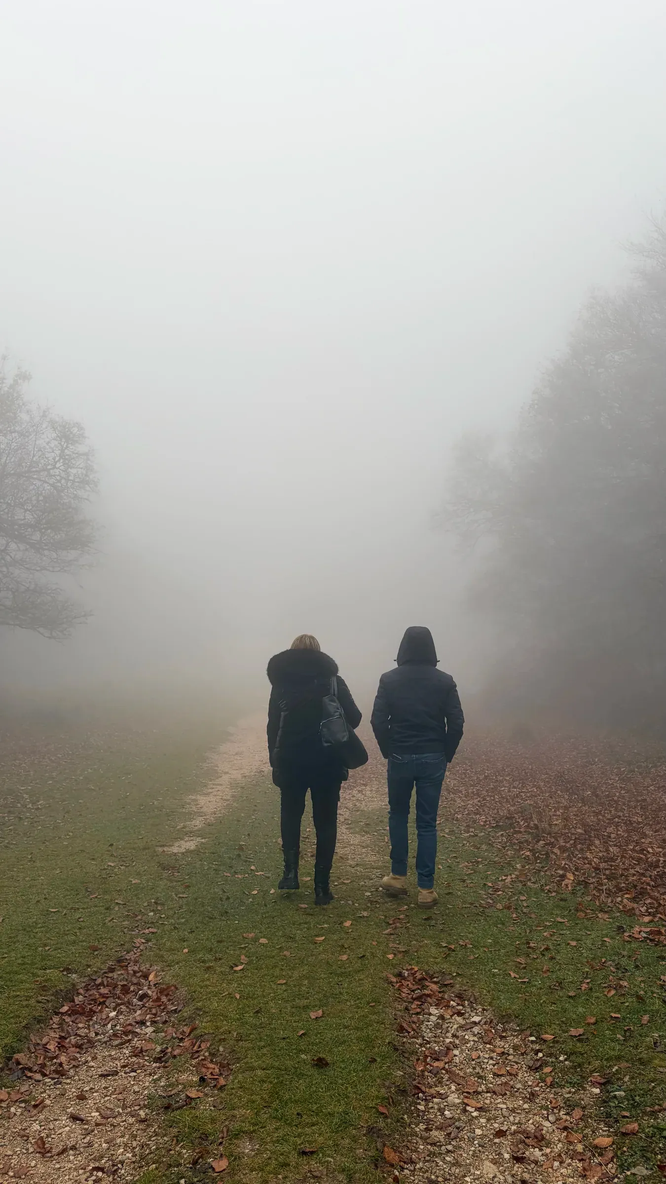 Two walkers following a grassy track into dense fog at Canfaito