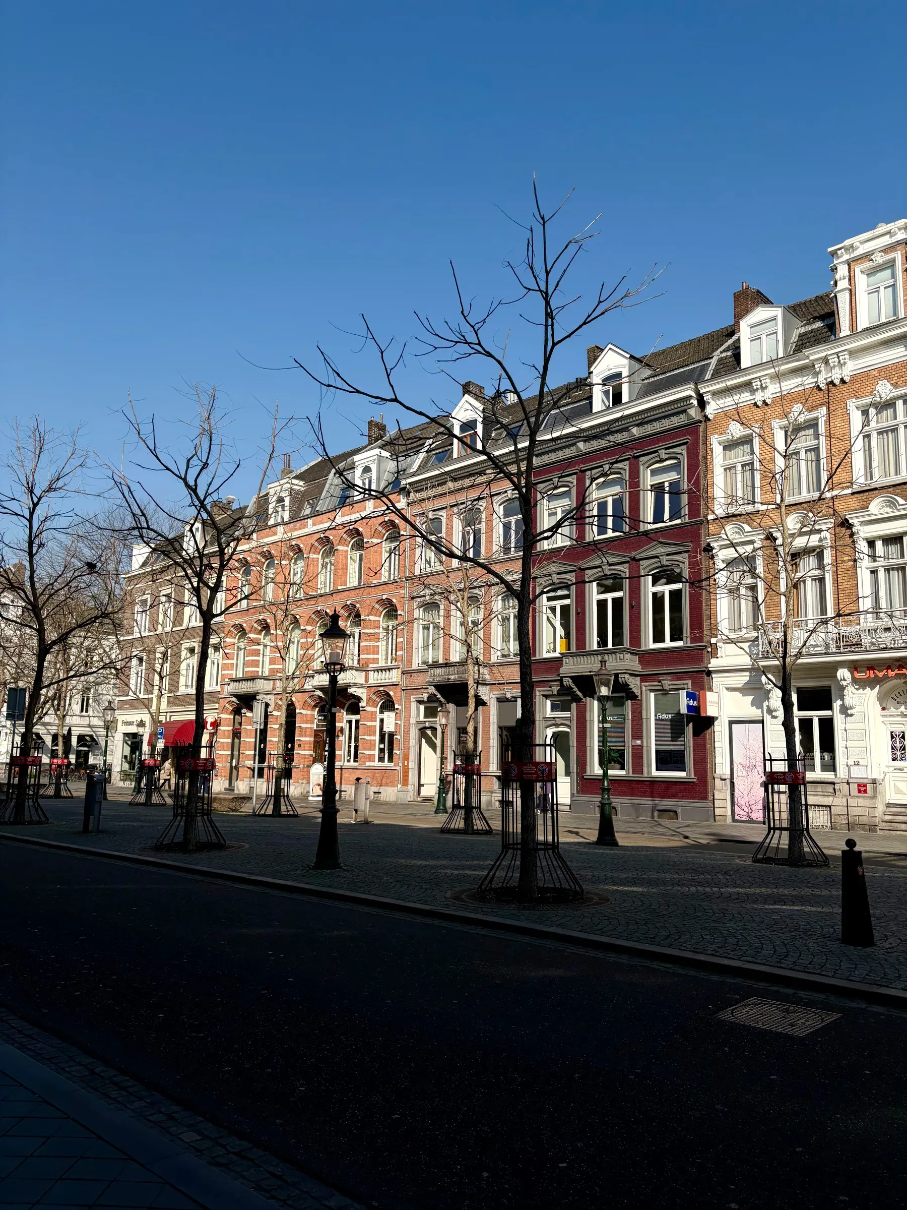 Red-brick residential facades on a sunny Maastricht street