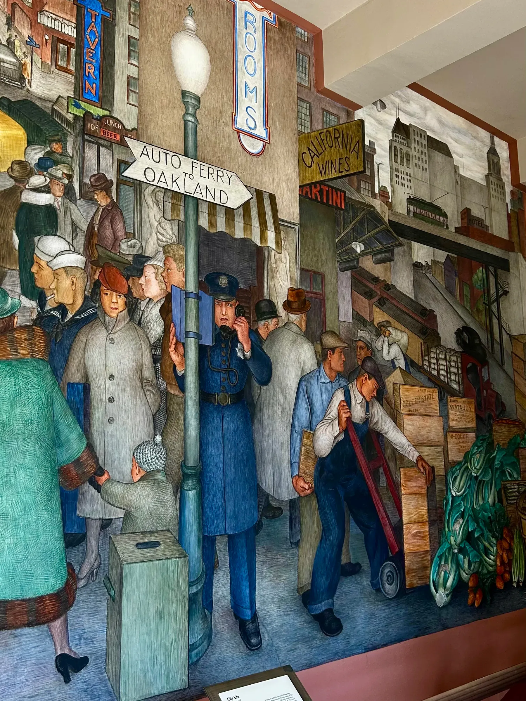 Coit Tower mural detail with figures in a city street scene