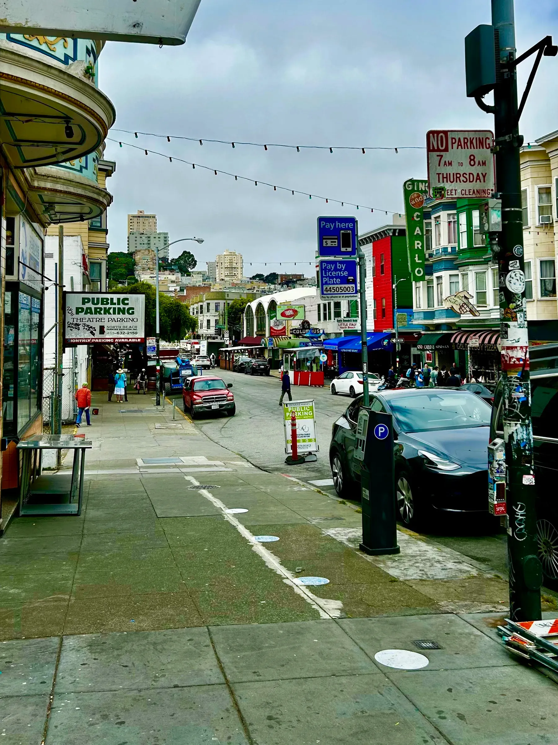 North Beach street corner with shops and the city rising behind