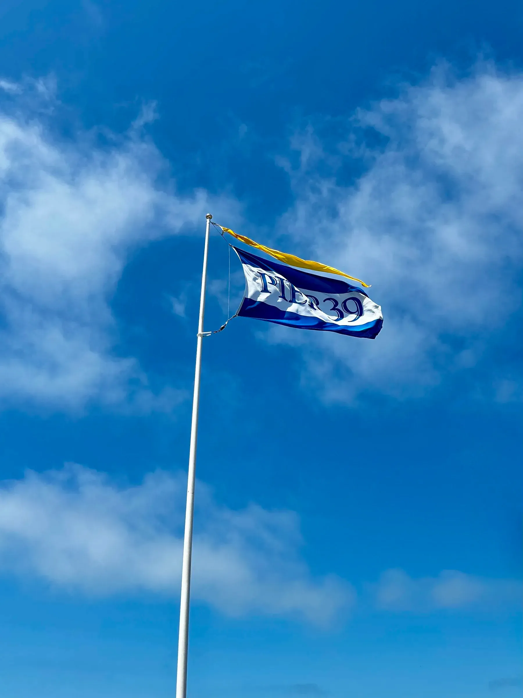 Pier 39 flag flying against a blue sky