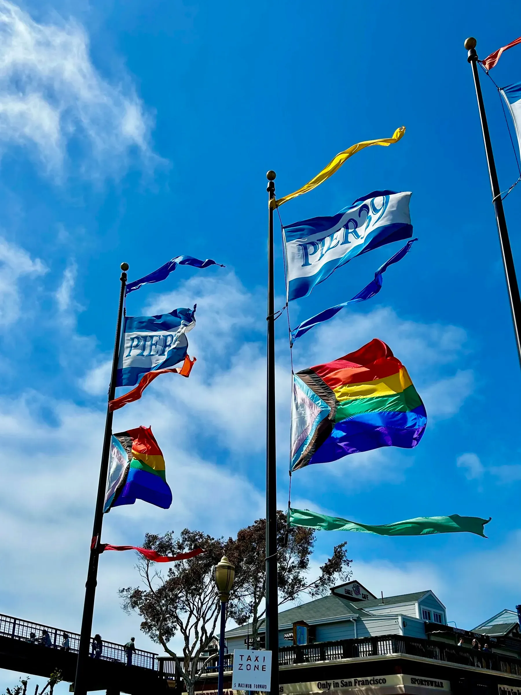 Pier 39 flags and rainbow Pride flag under a bright sky