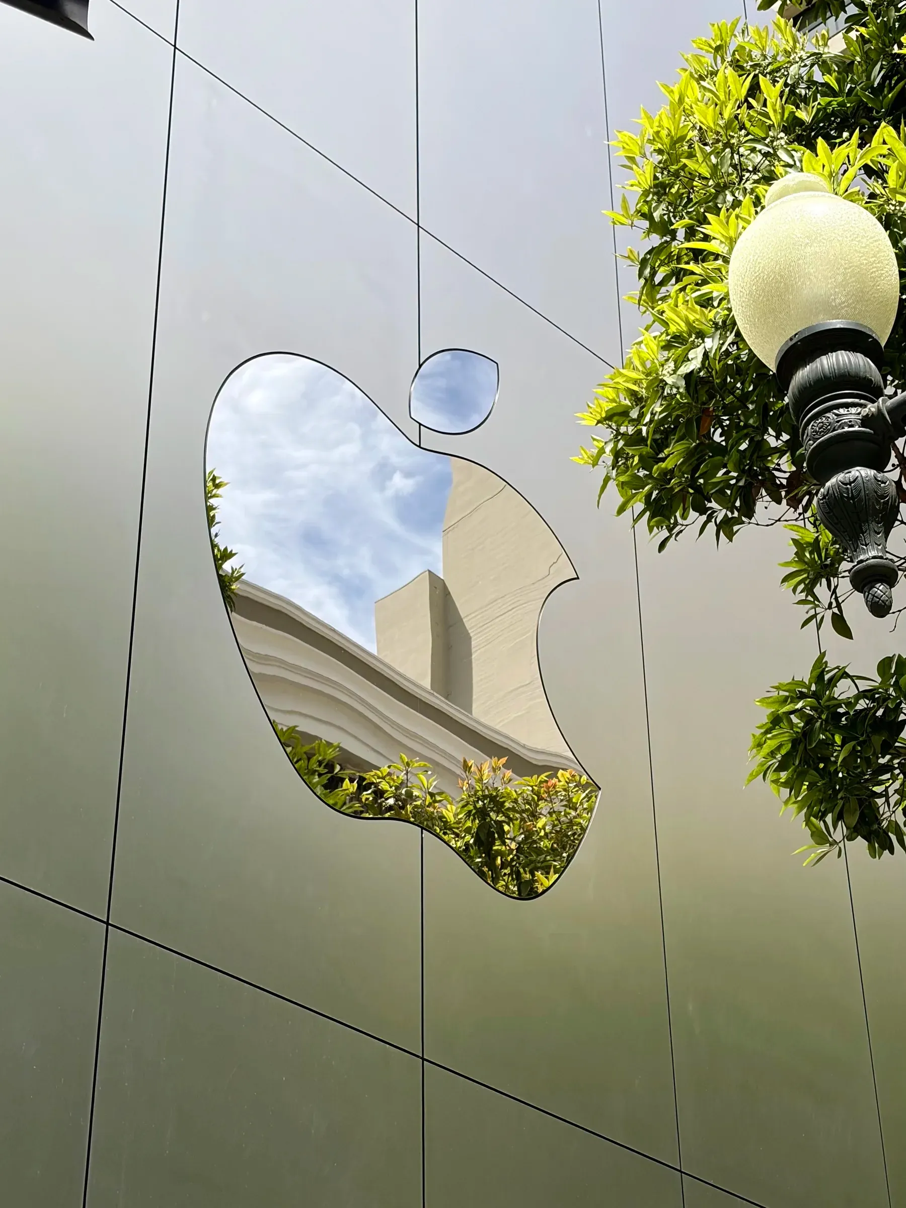 Apple Union Square glass facade reflecting trees and downtown light