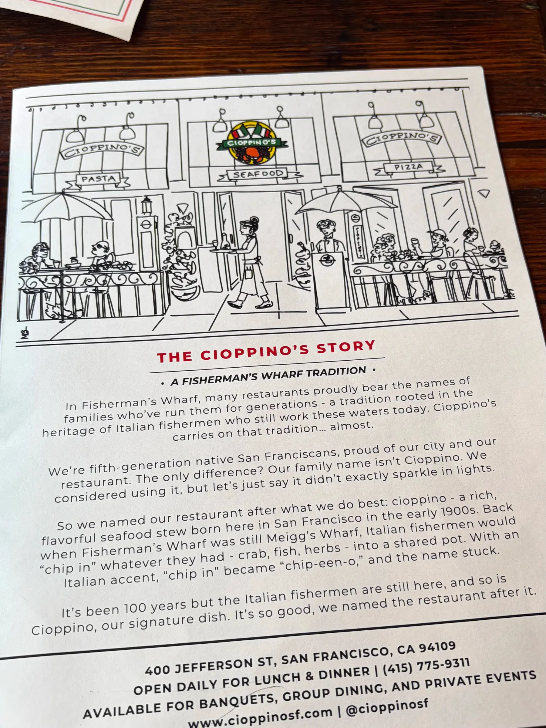 Cioppino's restaurant menu detailing the history of Italian fishermen and cioppino