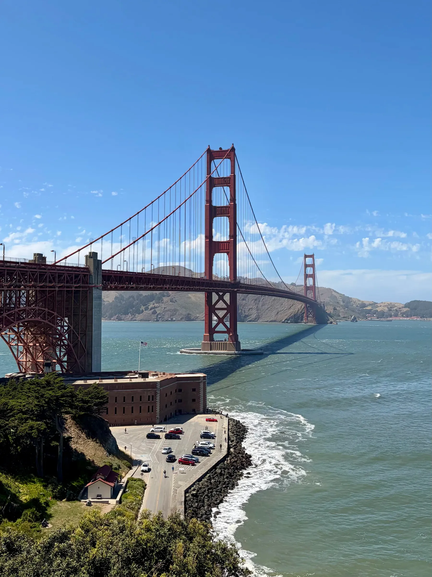 Golden Gate Bridge span and south tower from coastal overlook