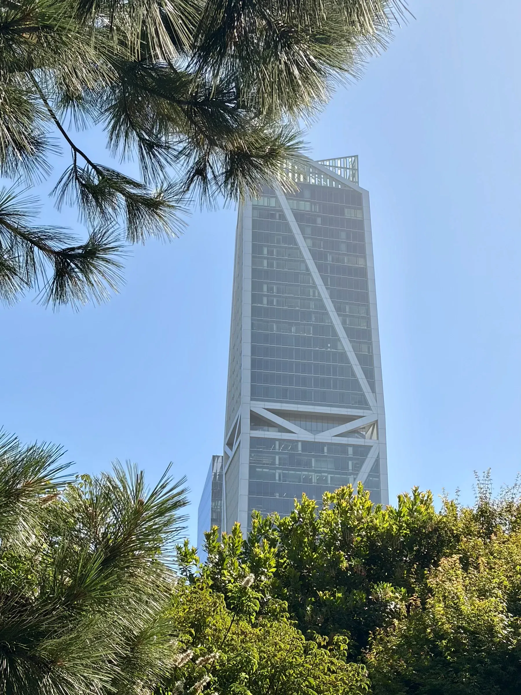 Rooftop Salesforce Park elevated walkway surrounded by skyscrapers and lush greenery