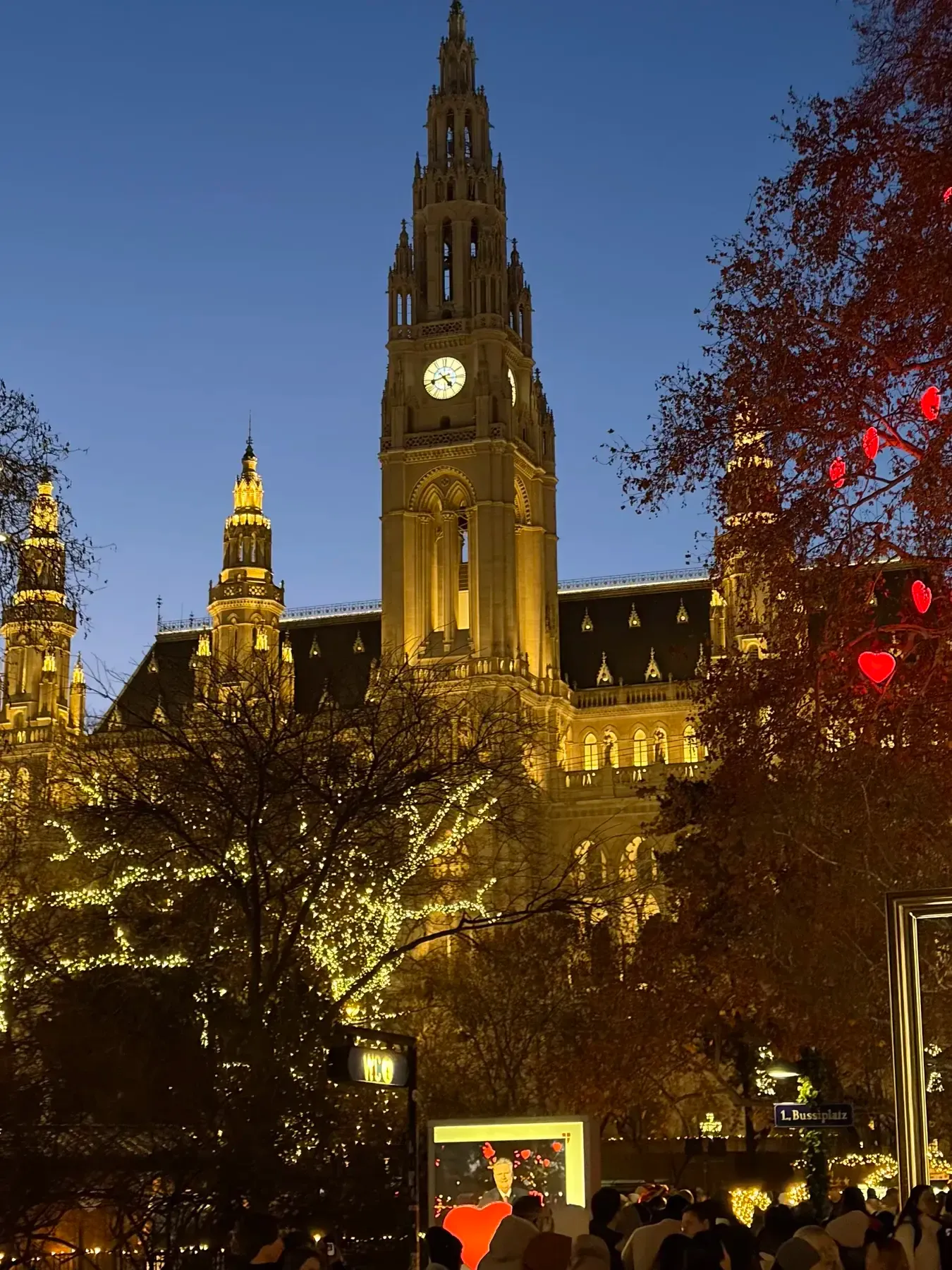 Rathausplatz Christmas market entrance with the Rathaus tower behind illuminated trees